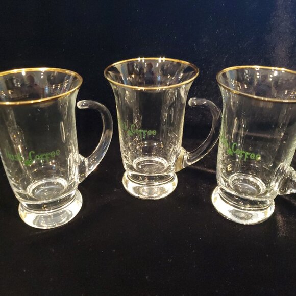 Clear Blown Glass Irish ☘️ Coffee Gold Rim Mugs with handle ~ Lot of 3 - Picture 2 of 3
